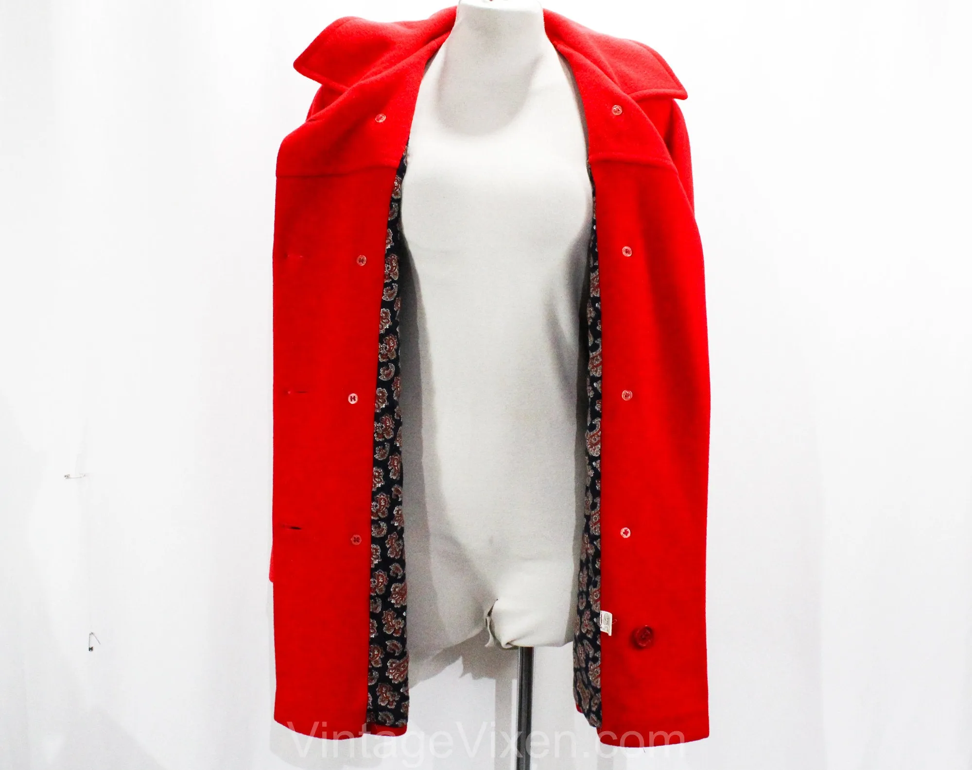 Size 12 Red Coat - Mod 60s 70s Wool Blend Jacket - Double Breasted Hip Length Overcoat - Fall Winter 1960s Modernist Outerwear - Bust 39