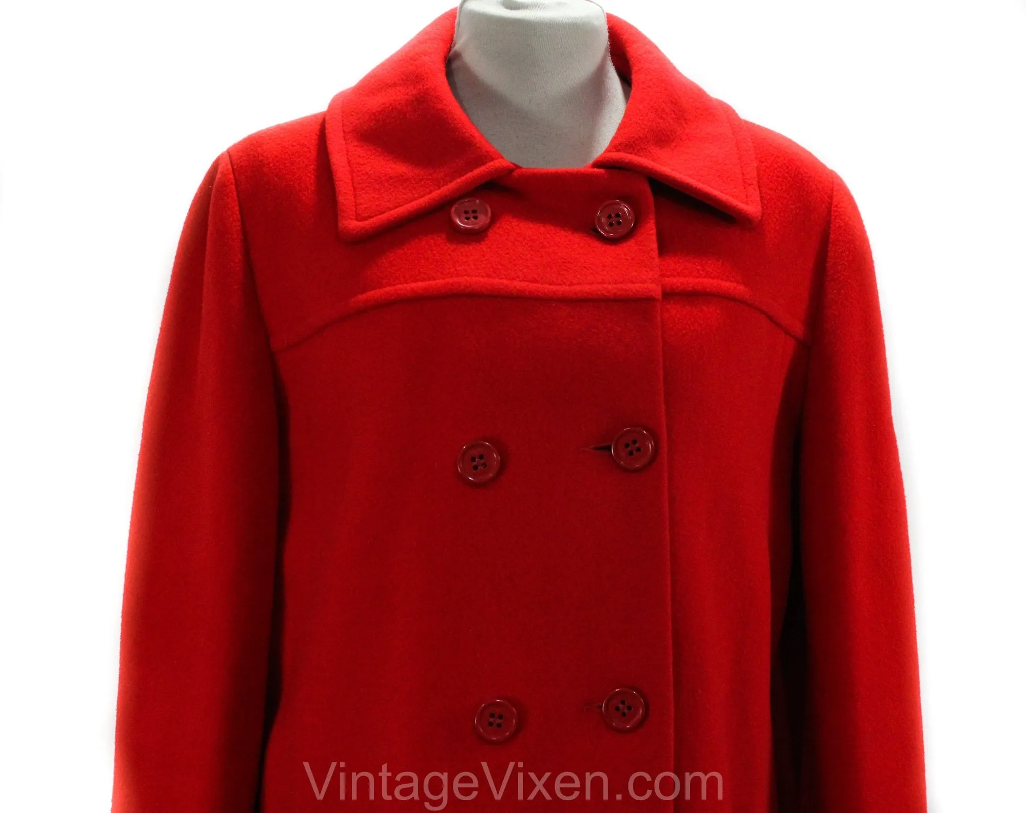 Size 12 Red Coat - Mod 60s 70s Wool Blend Jacket - Double Breasted Hip Length Overcoat - Fall Winter 1960s Modernist Outerwear - Bust 39