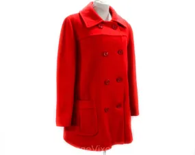 Size 12 Red Coat - Mod 60s 70s Wool Blend Jacket - Double Breasted Hip Length Overcoat - Fall Winter 1960s Modernist Outerwear - Bust 39
