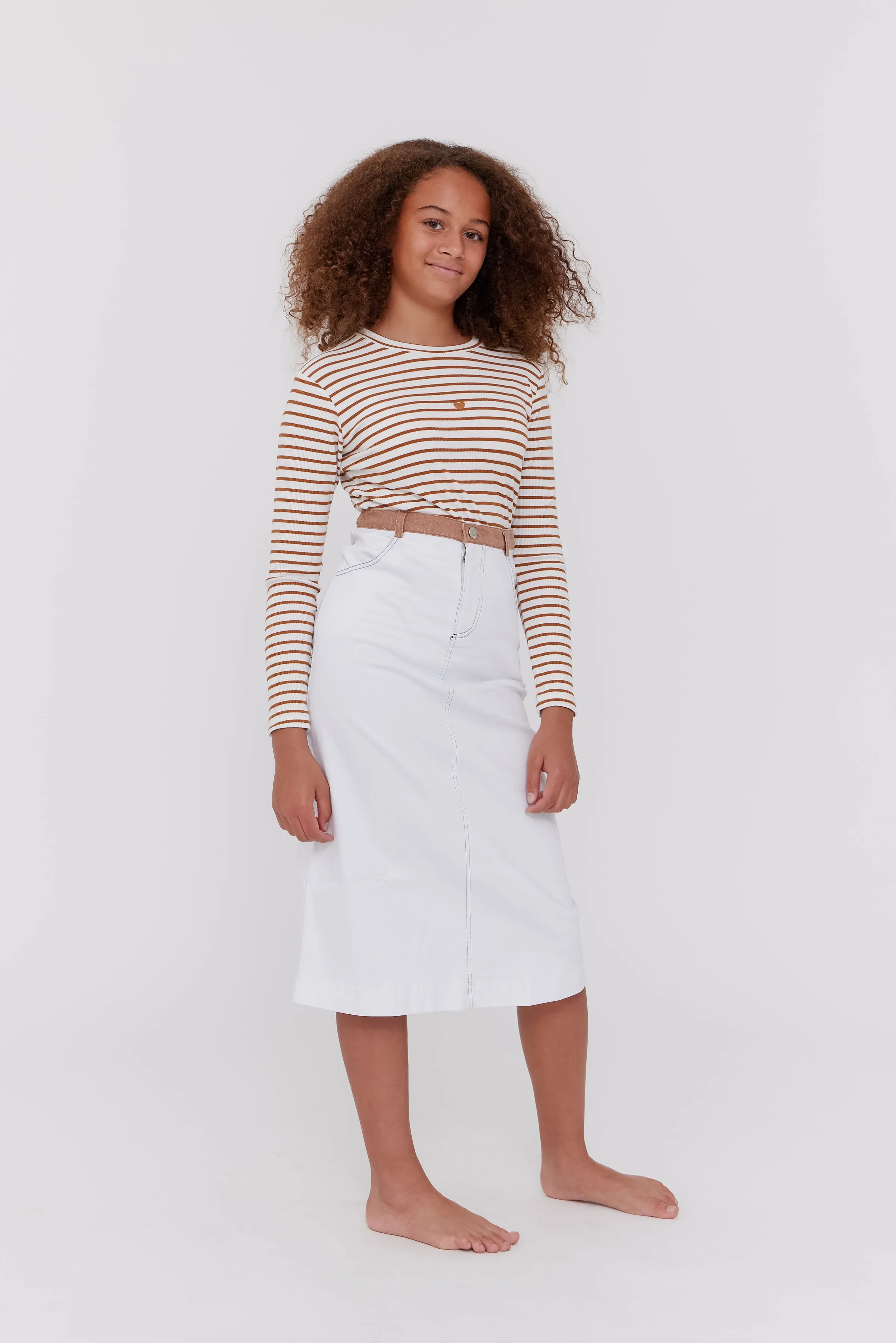 skirt midi a line contrast belt loop - white