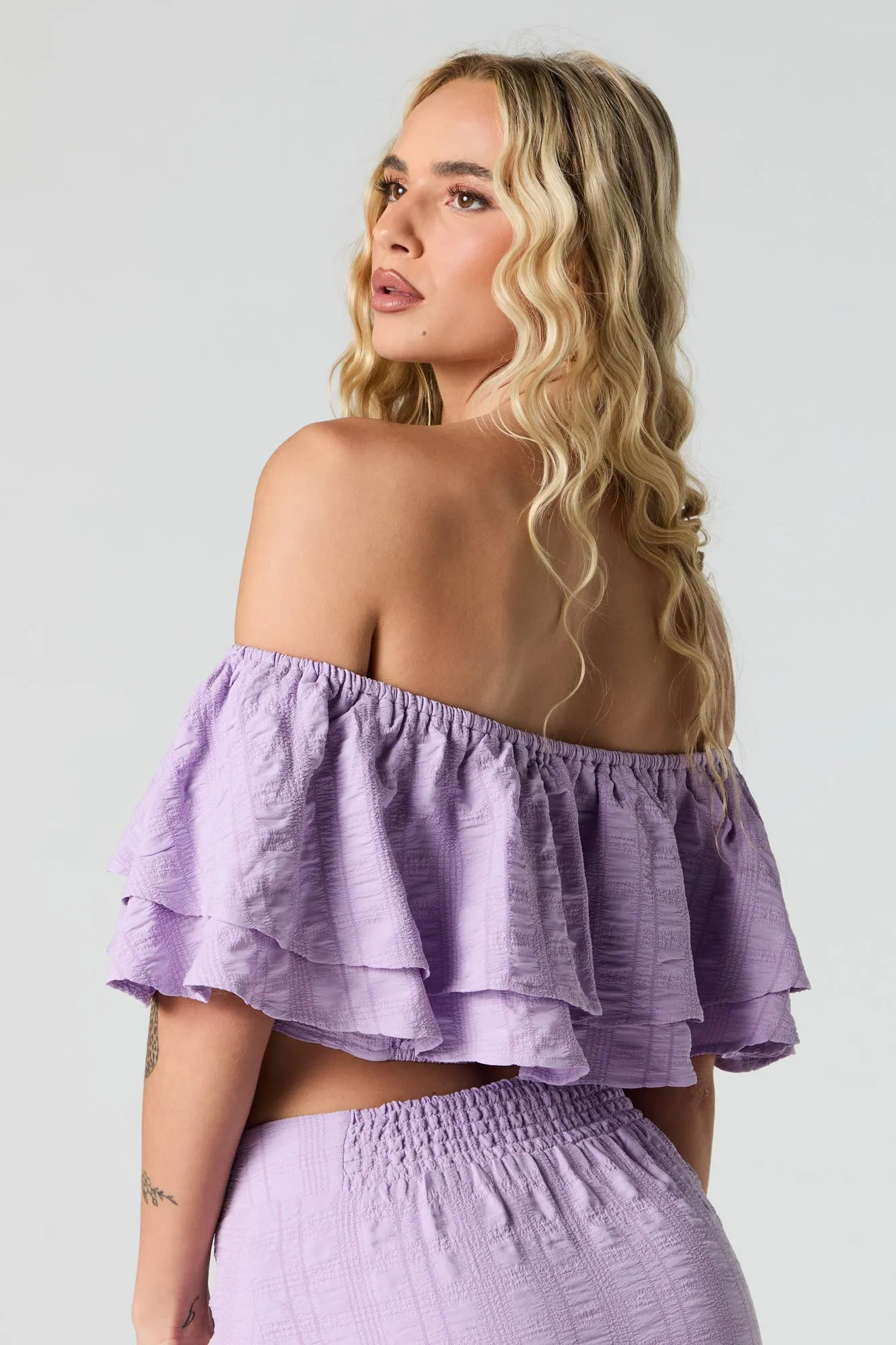 Textured Tiered Off Shoulder Crop Top
