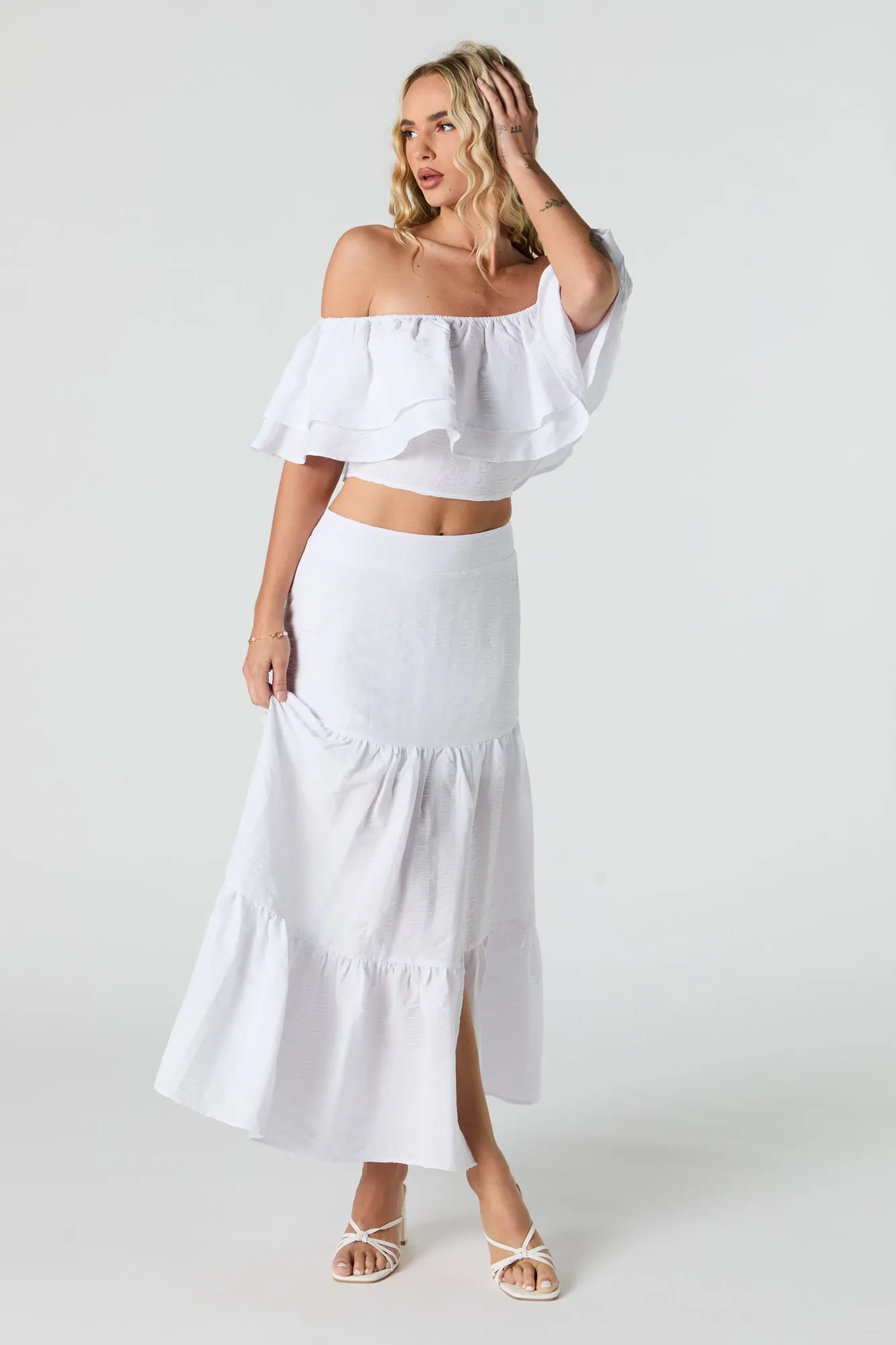 Textured Tiered Off Shoulder Crop Top