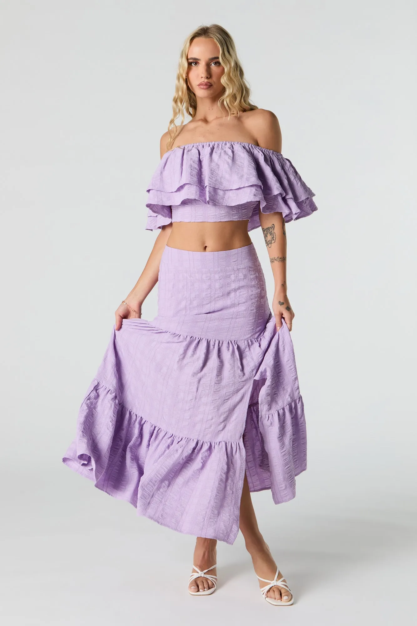 Textured Tiered Off Shoulder Crop Top