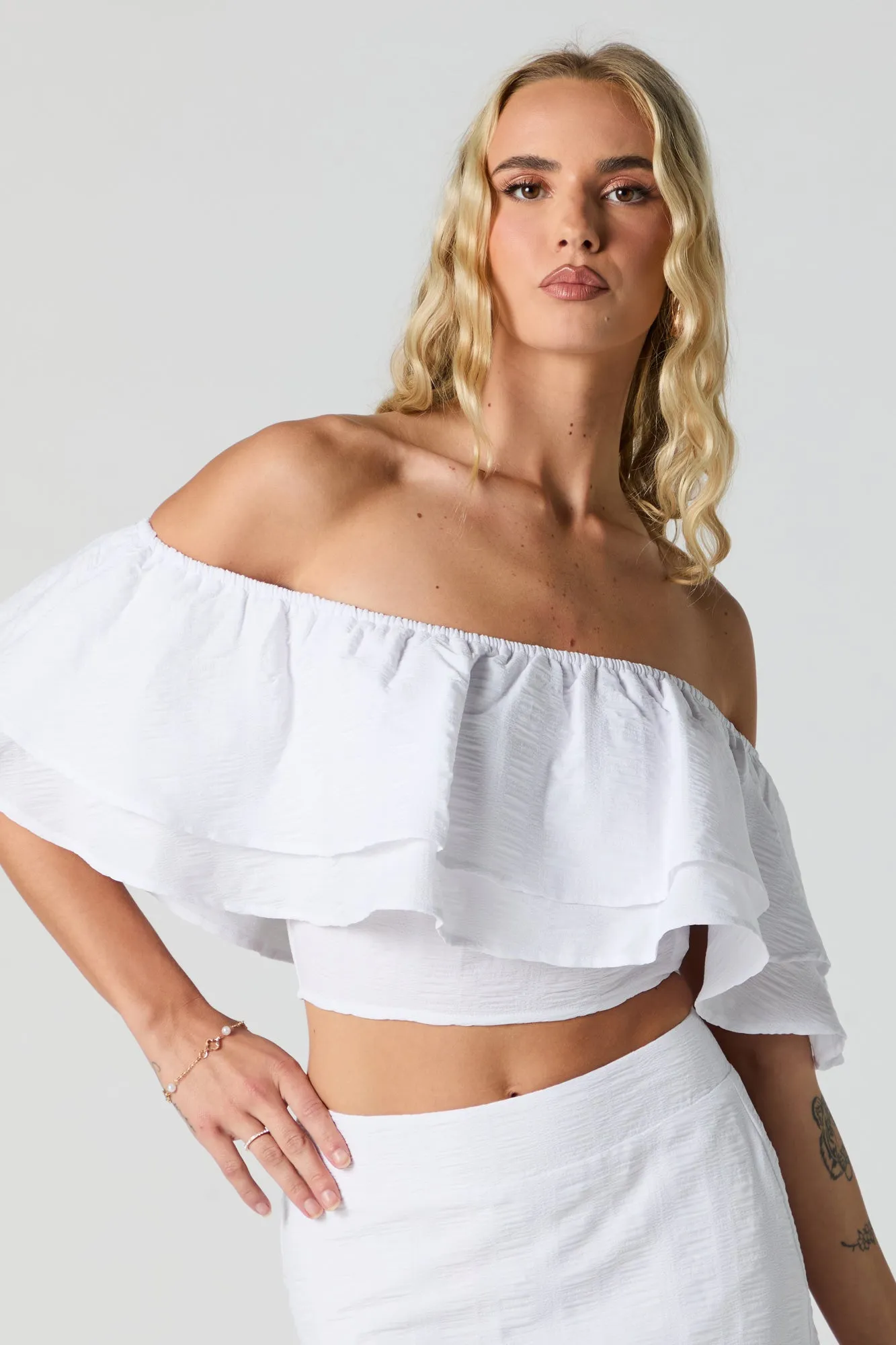 Textured Tiered Off Shoulder Crop Top