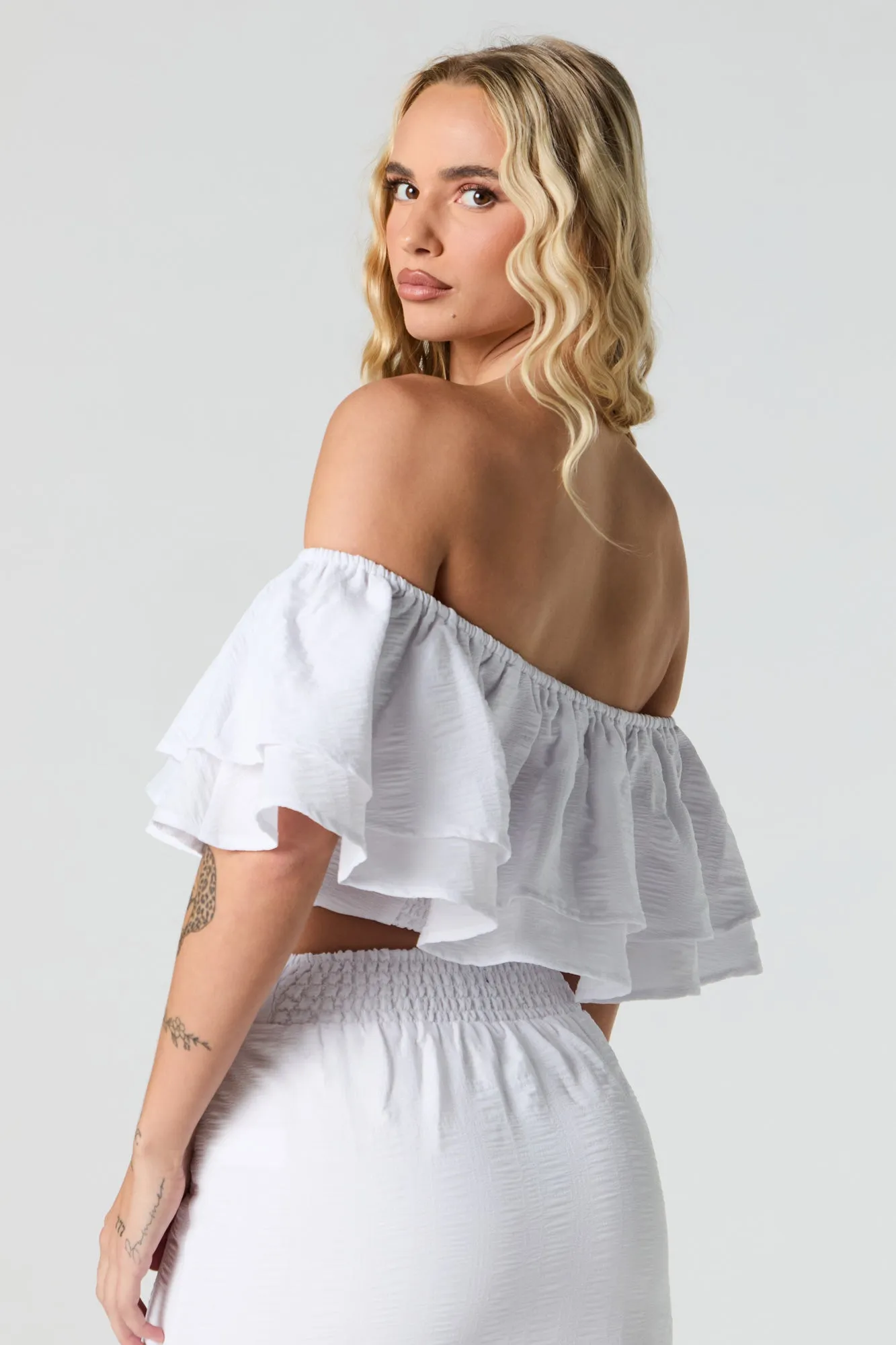 Textured Tiered Off Shoulder Crop Top