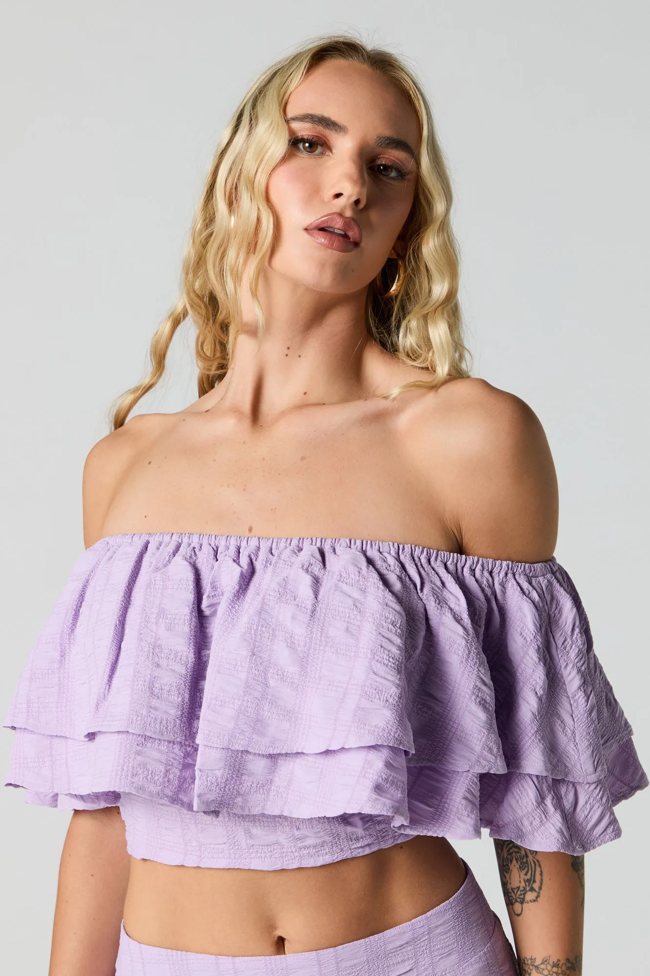 Textured Tiered Off Shoulder Crop Top
