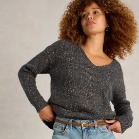 Textured V-Neck Jumper - Teal Multi