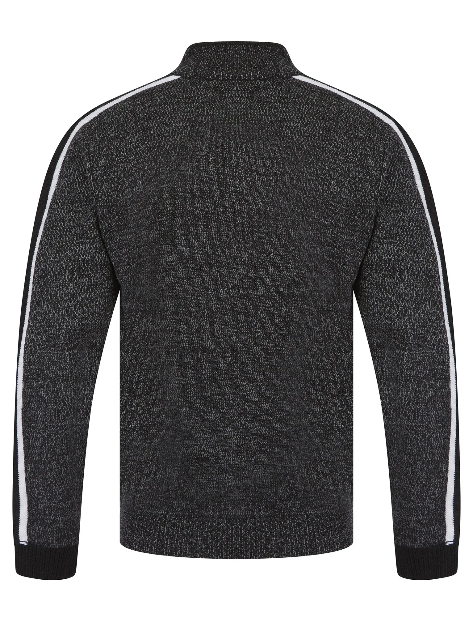 Tindle Quarter Zip Funnel Neck Knitted Jumper with Striped Sleeves in Jet Black / Mid Grey Marl Twist - Tokyo Laundry