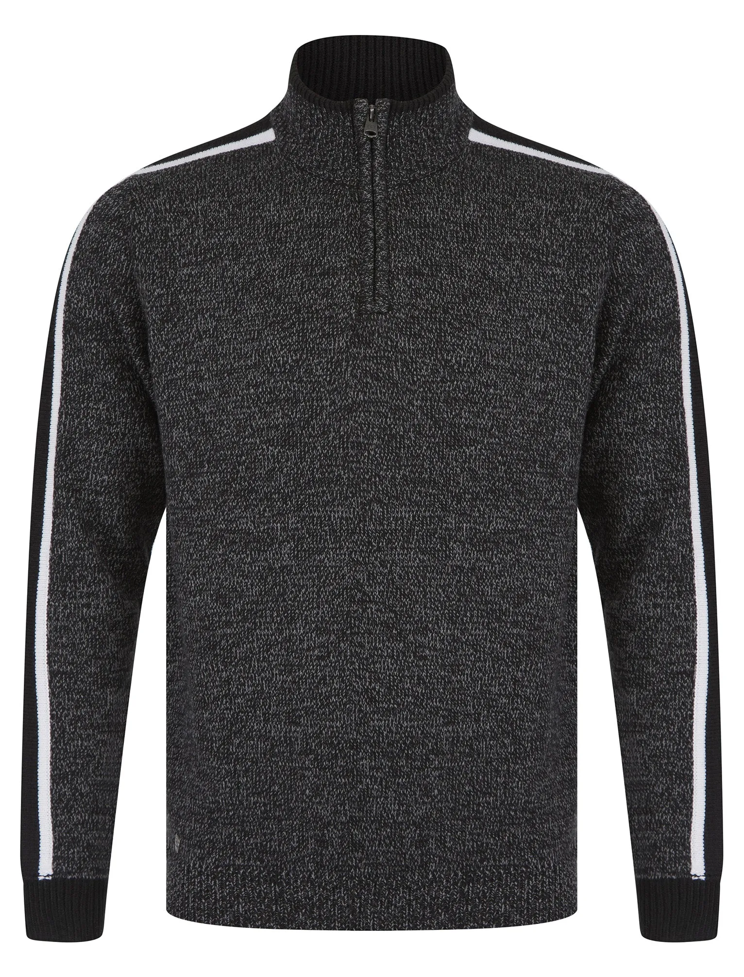 Tindle Quarter Zip Funnel Neck Knitted Jumper with Striped Sleeves in Jet Black / Mid Grey Marl Twist - Tokyo Laundry