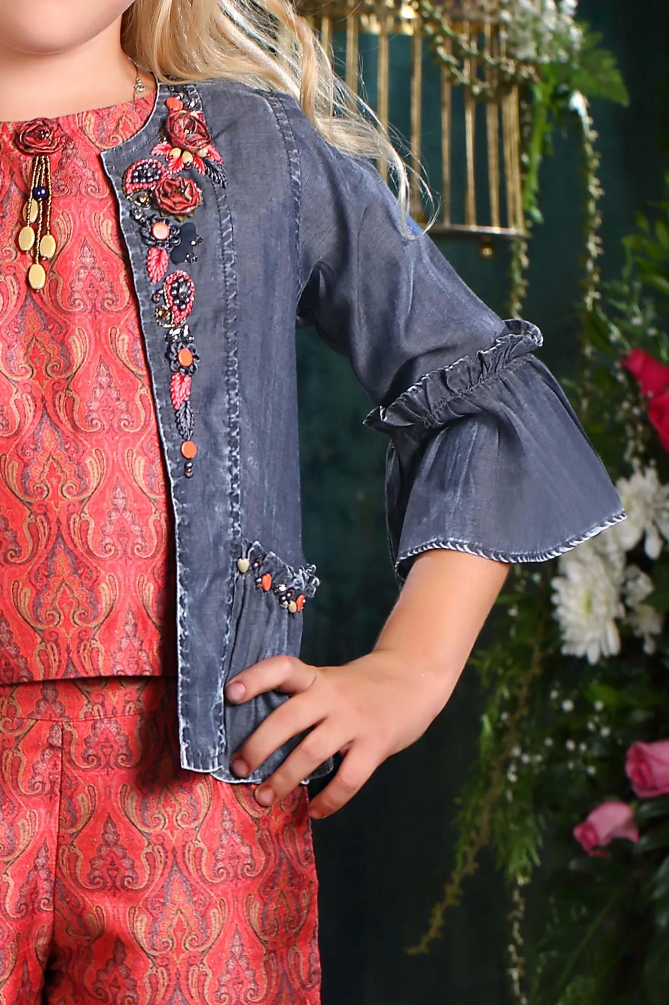 Tomato Red Crop Top and Palazzo Set with Blue Overcoat for Girls