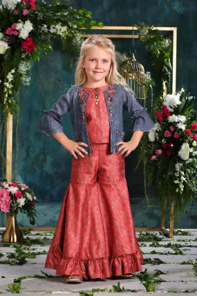 Tomato Red Crop Top and Palazzo Set with Blue Overcoat for Girls