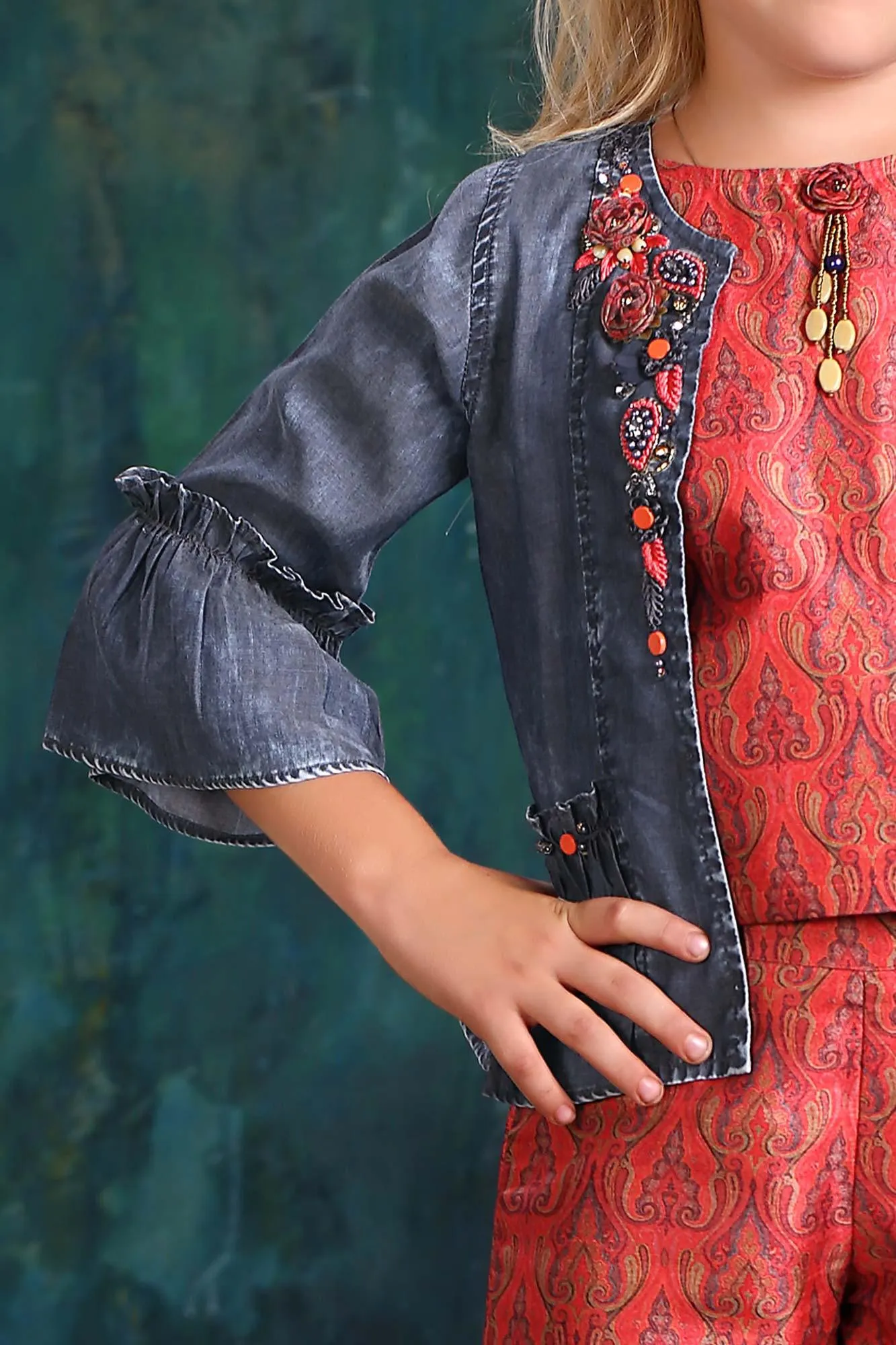 Tomato Red Crop Top and Palazzo Set with Blue Overcoat for Girls