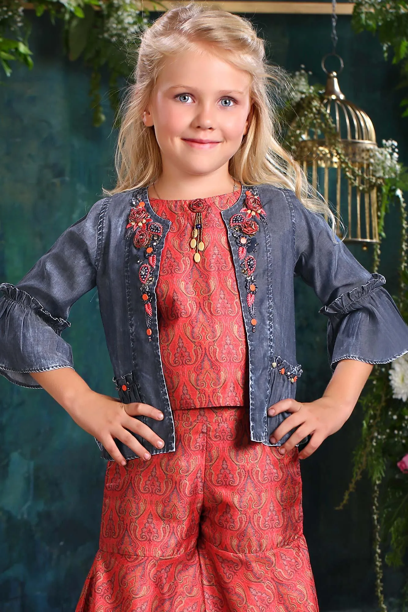 Tomato Red Crop Top and Palazzo Set with Blue Overcoat for Girls