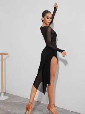 Unique Skirt  Hem Design Latin Dance Gauze Dress Detachable Training Suits