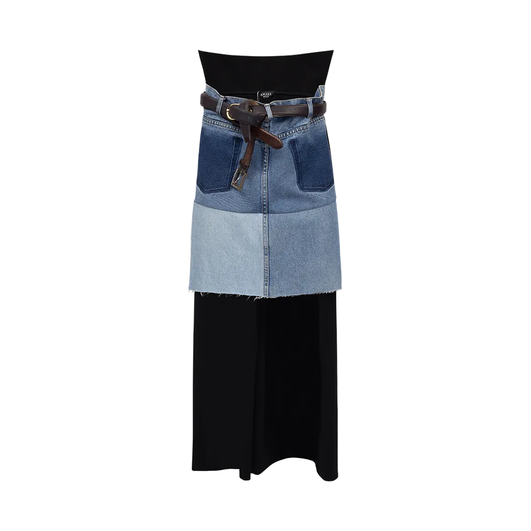 Upcycled Denim Midi Skirt with Pant Detail