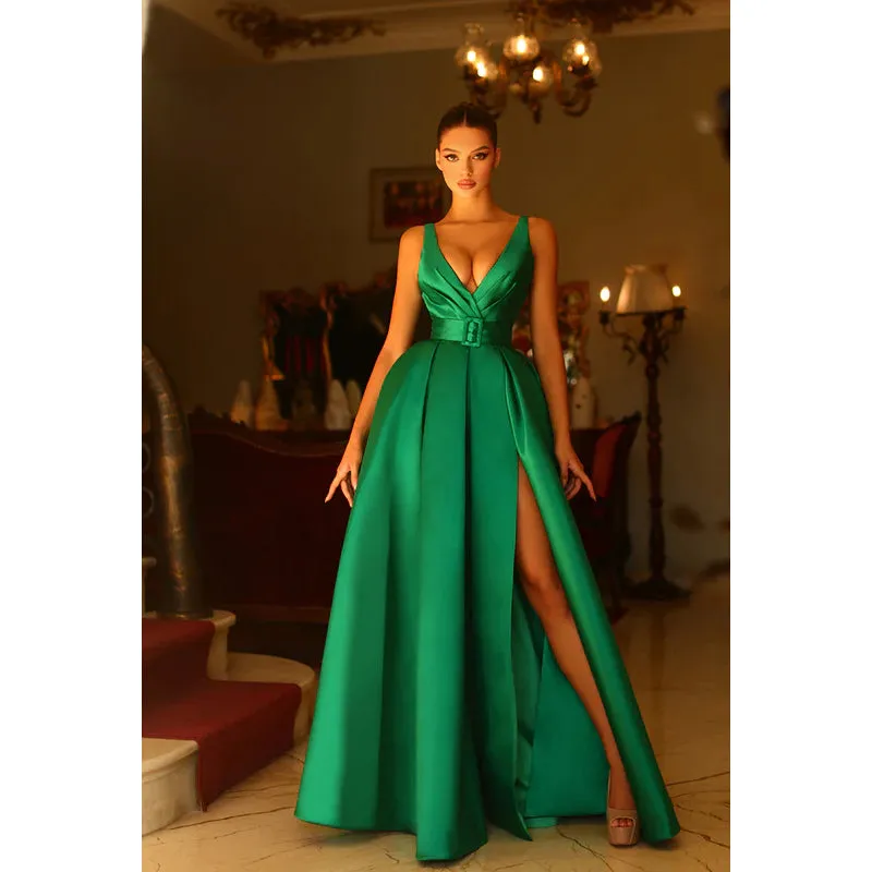 V-Neck Sleeveless Ruched Satin A-Line Long Prom Evening Dress With Slit