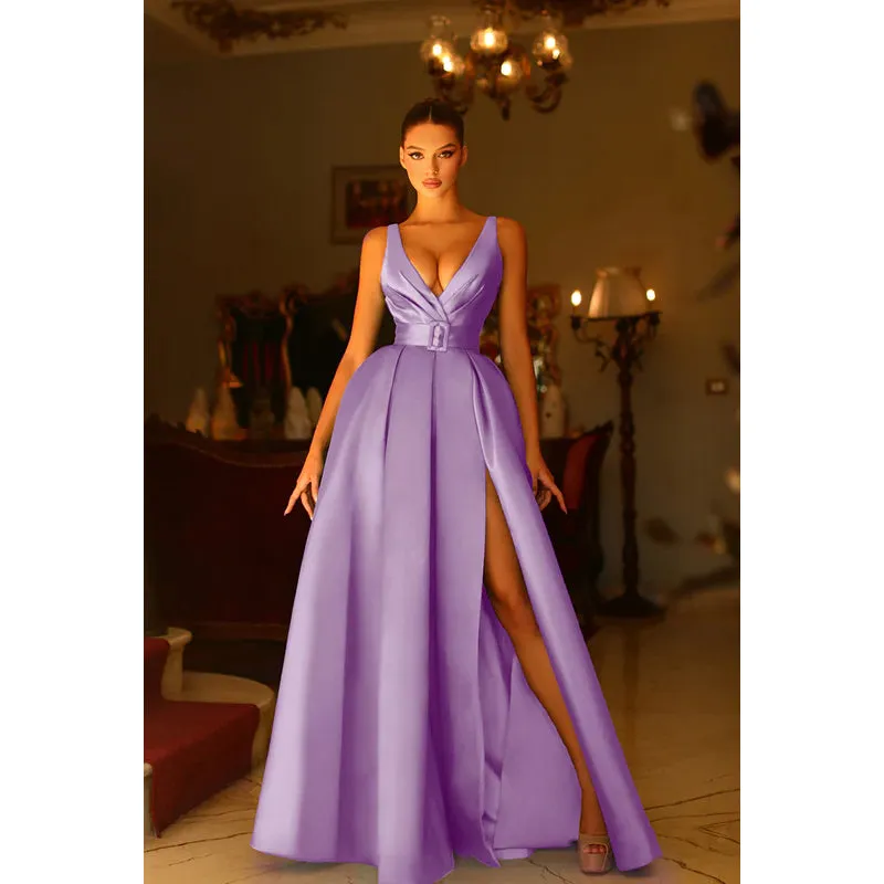 V-Neck Sleeveless Ruched Satin A-Line Long Prom Evening Dress With Slit