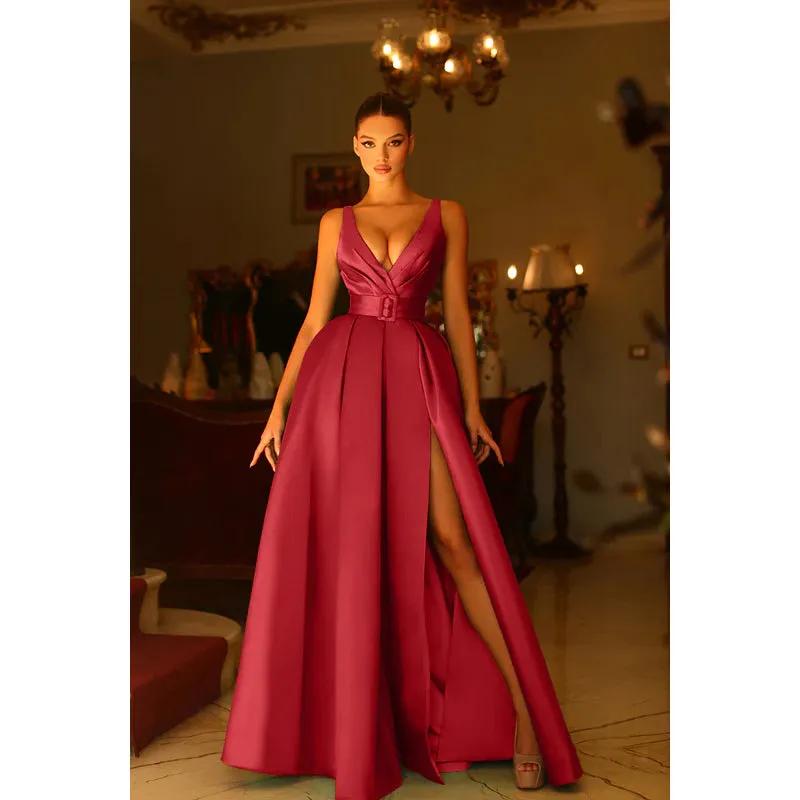 V-Neck Sleeveless Ruched Satin A-Line Long Prom Evening Dress With Slit