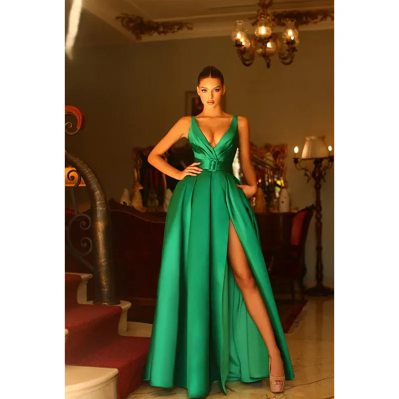 V-Neck Sleeveless Ruched Satin A-Line Long Prom Evening Dress With Slit