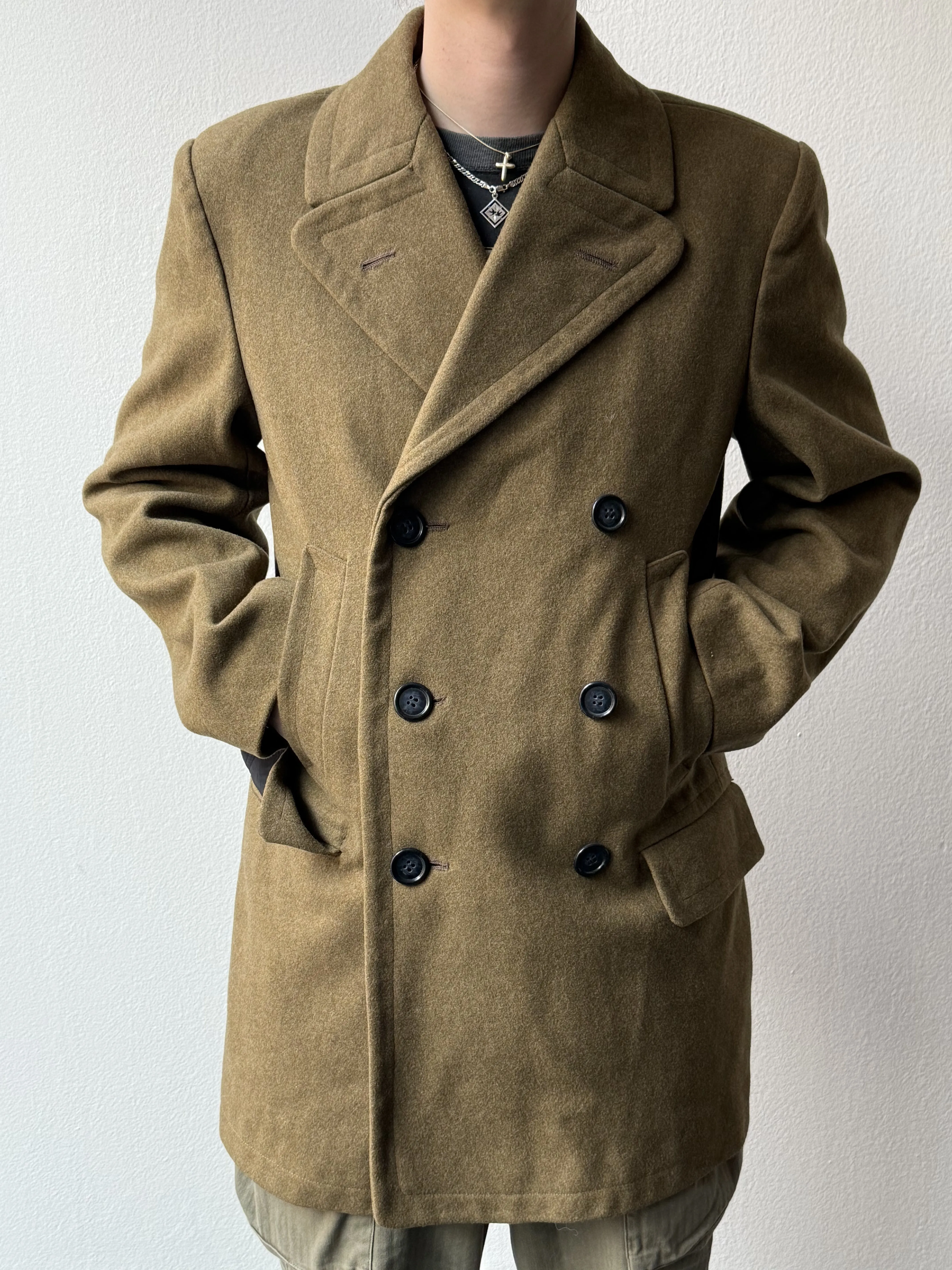 Vintage 1960s Double Breasted French Military Wool Coat - size L