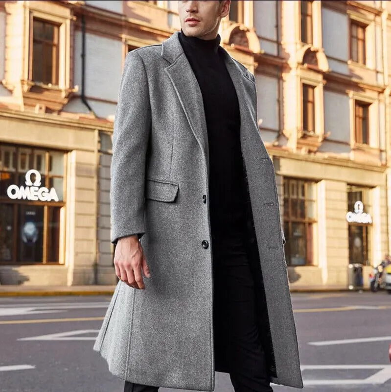 Voguable British Style Long Wool Trench Coat Men  Winter Mens Cashmere Coat Slim Fit Extra Long Overcoat Windbreaker Manteau Homme
