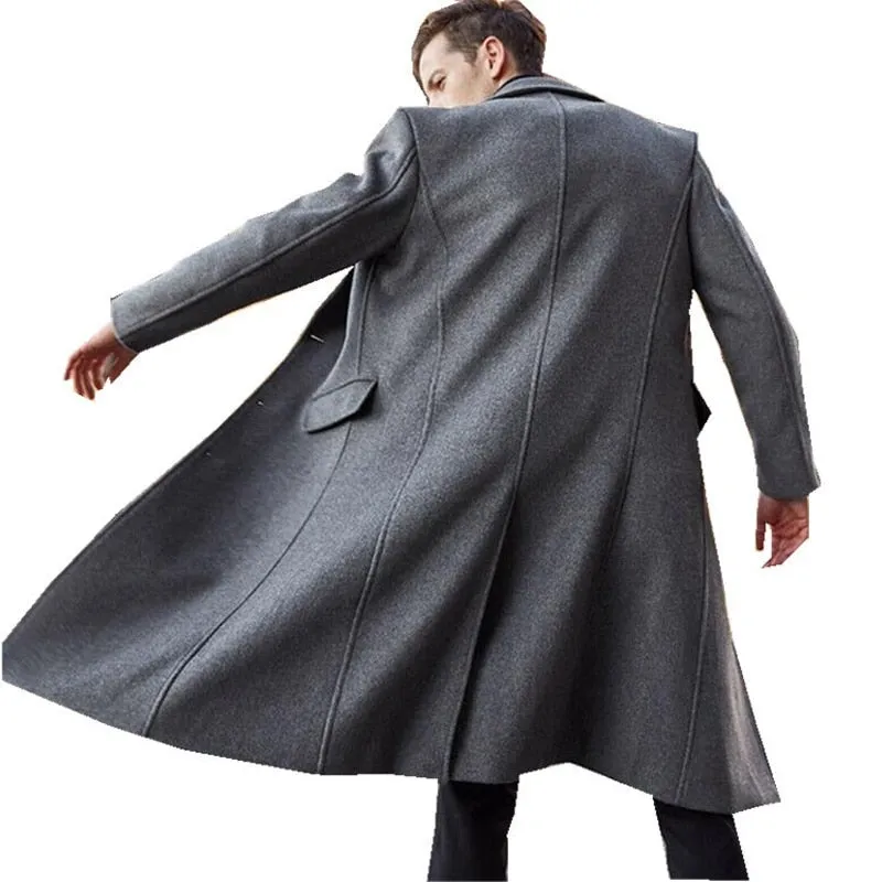 Voguable British Style Long Wool Trench Coat Men  Winter Mens Cashmere Coat Slim Fit Extra Long Overcoat Windbreaker Manteau Homme