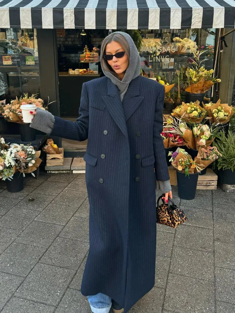 Vvsha Christmas Gift Outfit  Fashion Vertical Stripes Women Blazer Overcoat Chic Lapel Long Sleeve Double-breasted Jackets Autumn Office Lady Commuting Coat