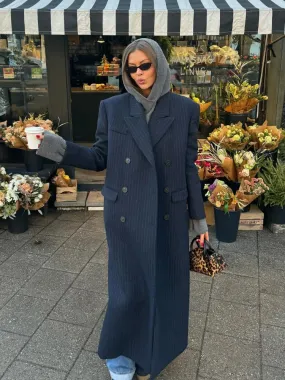 Vvsha Christmas Gift Outfit  Fashion Vertical Stripes Women Blazer Overcoat Chic Lapel Long Sleeve Double-breasted Jackets Autumn Office Lady Commuting Coat