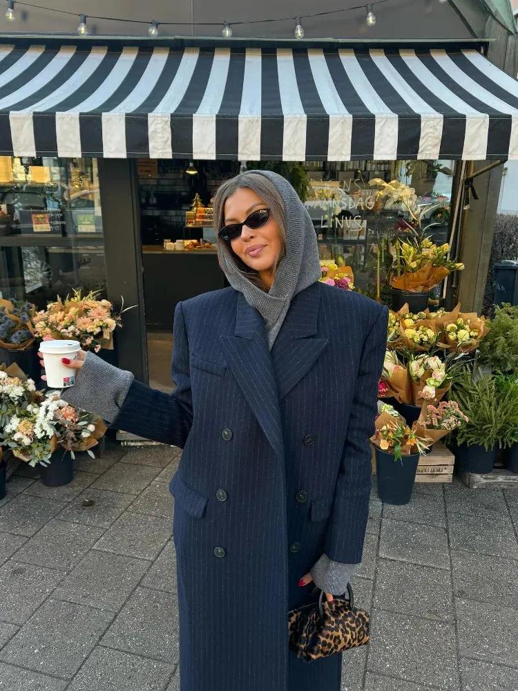 Vvsha Christmas Gift Outfit  Fashion Vertical Stripes Women Blazer Overcoat Chic Lapel Long Sleeve Double-breasted Jackets Autumn Office Lady Commuting Coat