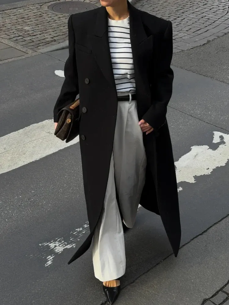 Vvsha Christmas Gift Outfit  Fashion Vertical Stripes Women Blazer Overcoat Chic Lapel Long Sleeve Double-breasted Jackets Autumn Office Lady Commuting Coat