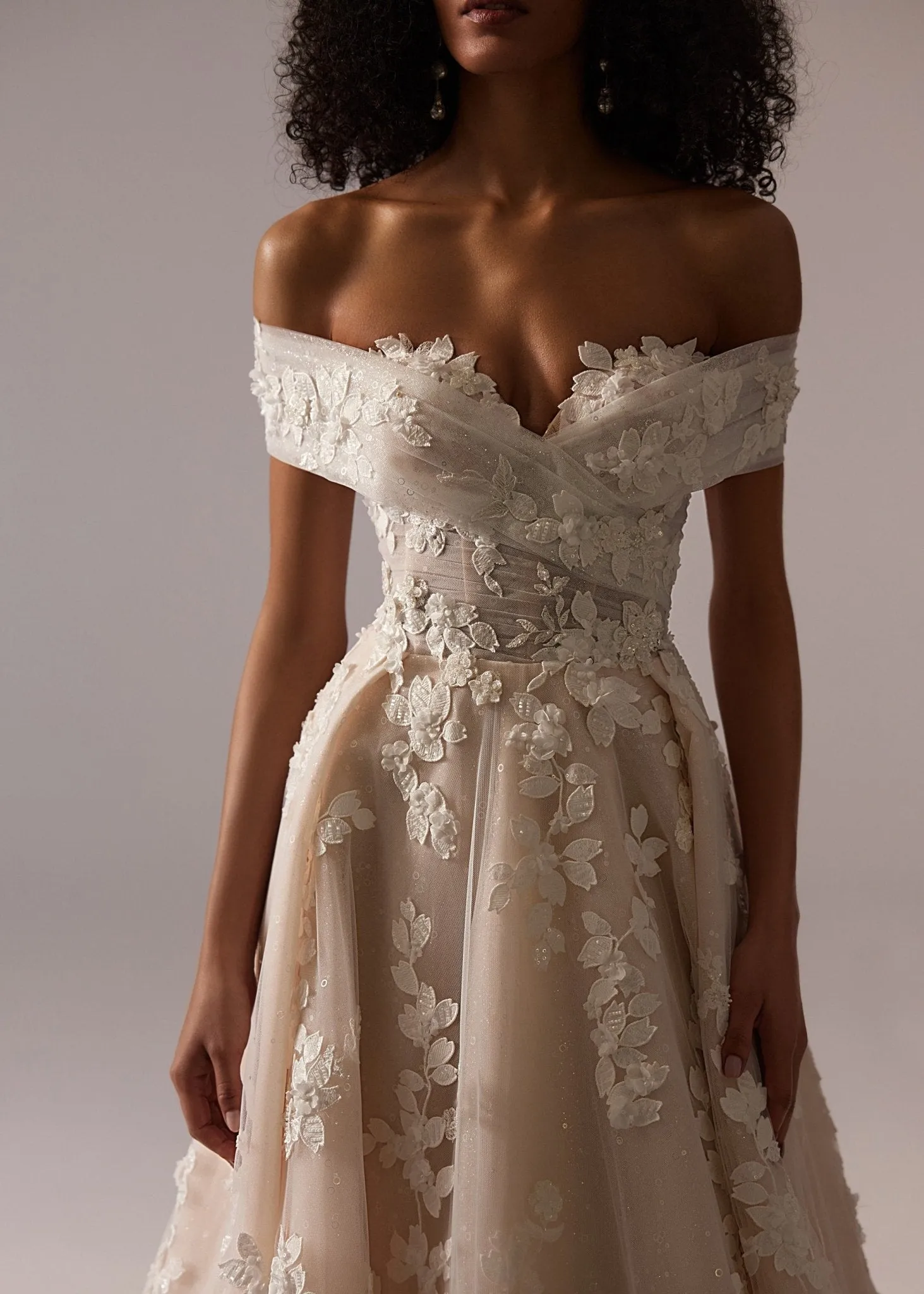 White Off-Shoulder Lace Appliqué Wedding Dress with Floor-Length Train - Plus Size