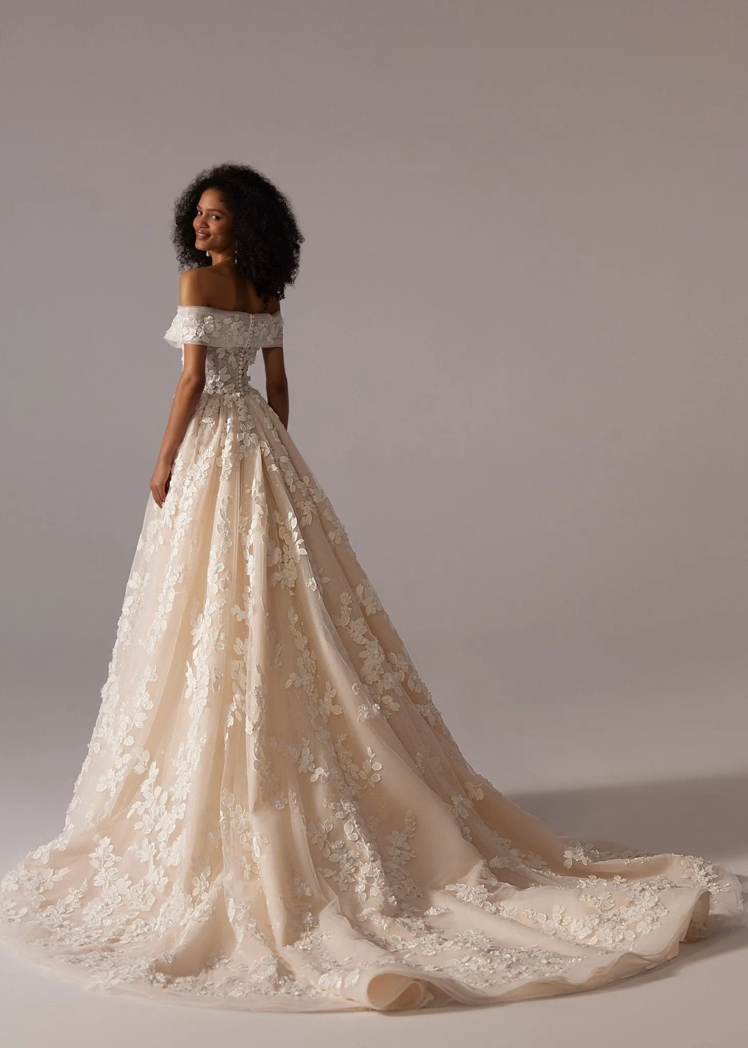 White Off-Shoulder Lace Appliqué Wedding Dress with Floor-Length Train - Plus Size