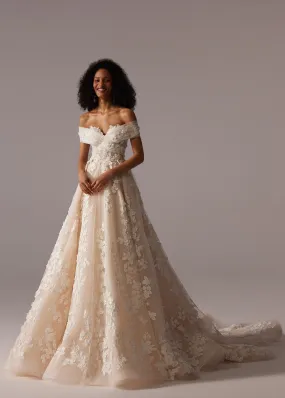 White Off-Shoulder Lace Appliqué Wedding Dress with Floor-Length Train - Plus Size