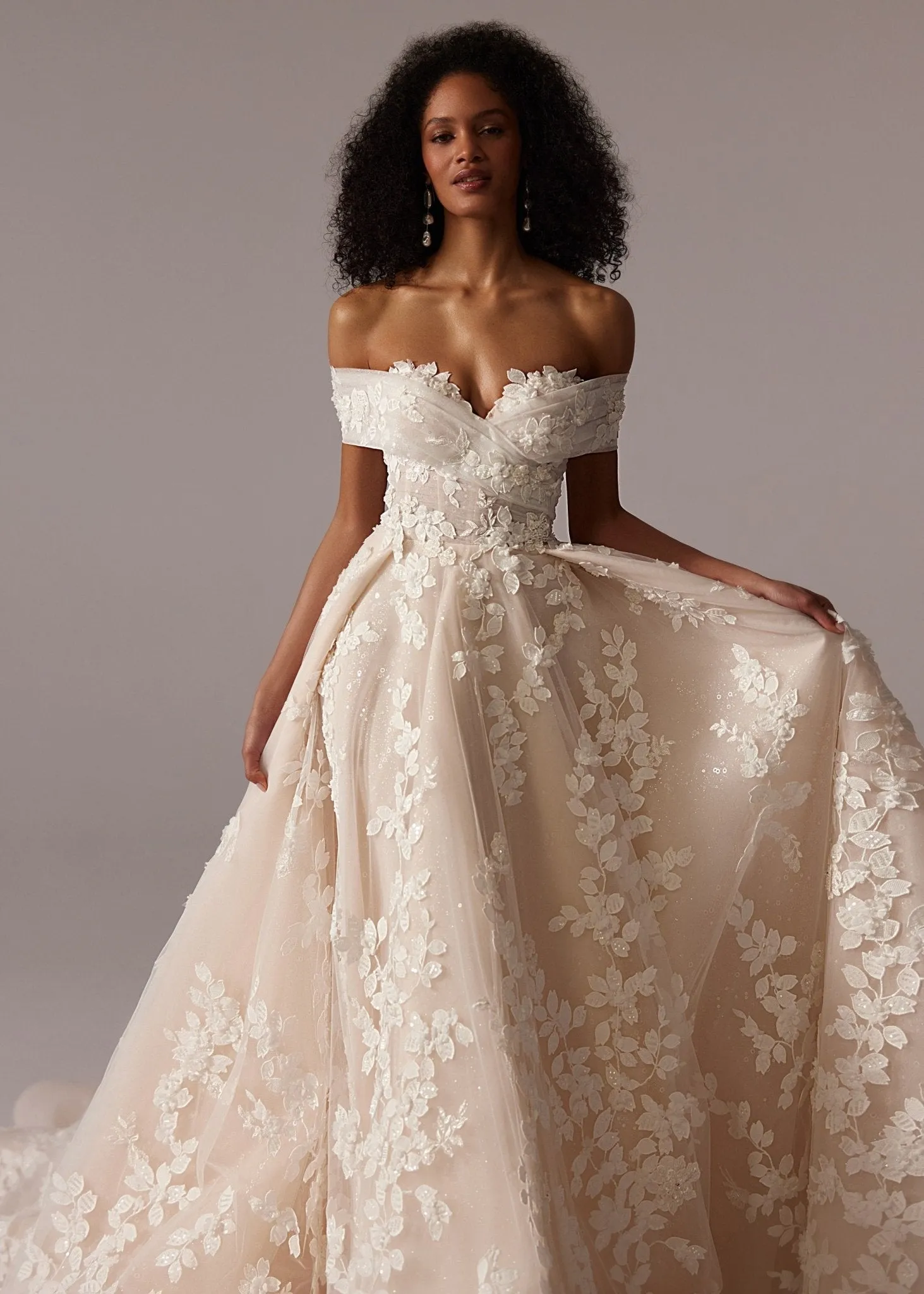 White Off-Shoulder Lace Appliqué Wedding Dress with Floor-Length Train - Plus Size