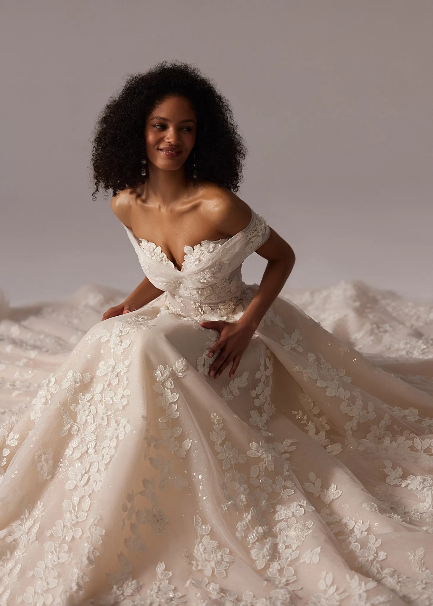 White Off-Shoulder Lace Appliqué Wedding Dress with Floor-Length Train - Plus Size
