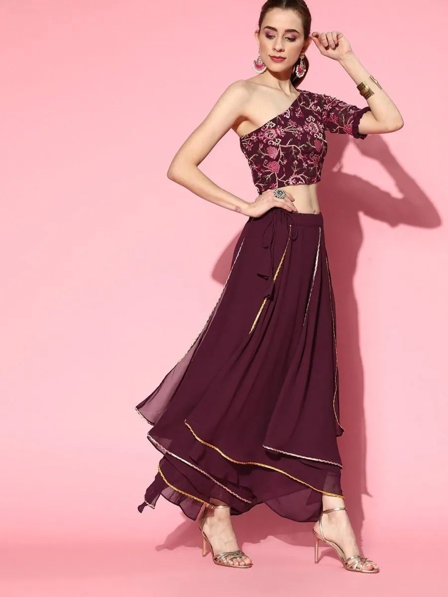 Wine Embroidered Crop Top with Layered Skirt