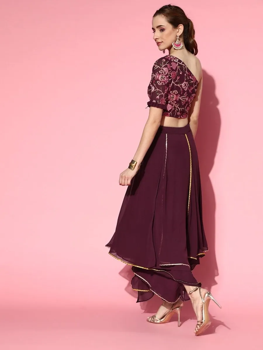 Wine Embroidered Crop Top with Layered Skirt