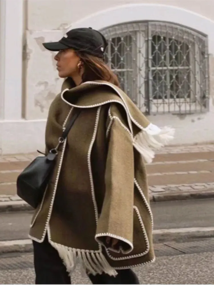 Women Fleece Splice Cotton Coat With Scarf Long Sleeve Solid Plush Quilted Jacket Loose Autumn Blends Balloon Overcoat