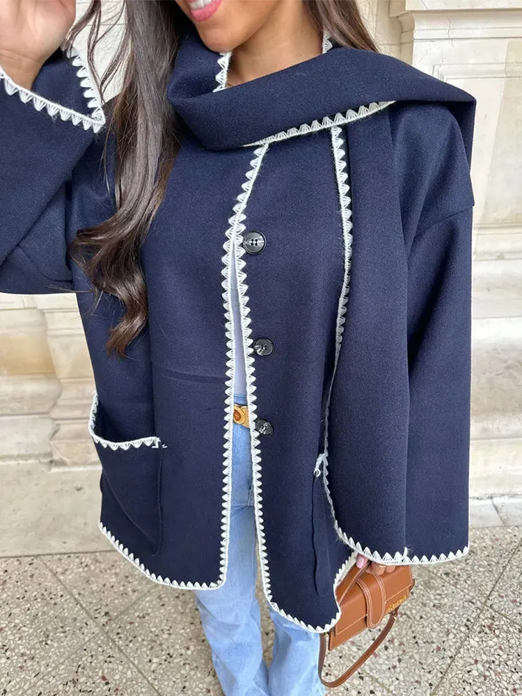 Women Fleece Splice Cotton Coat With Scarf Long Sleeve Solid Plush Quilted Jacket Loose Autumn Blends Balloon Overcoat