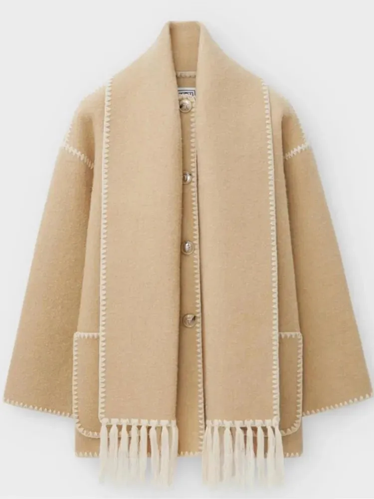Women Fleece Splice Cotton Coat With Scarf Long Sleeve Solid Plush Quilted Jacket Loose Autumn Blends Balloon Overcoat