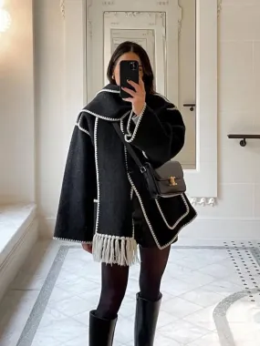 Women Fleece Splice Cotton Coat With Scarf Long Sleeve Solid Plush Quilted Jacket Loose Autumn Blends Balloon Overcoat