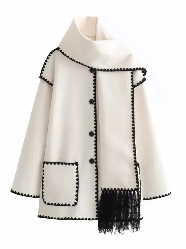 Women Fleece Splice Cotton Coat With Scarf Long Sleeve Solid Plush Quilted Jacket Loose Autumn Blends Balloon Overcoat