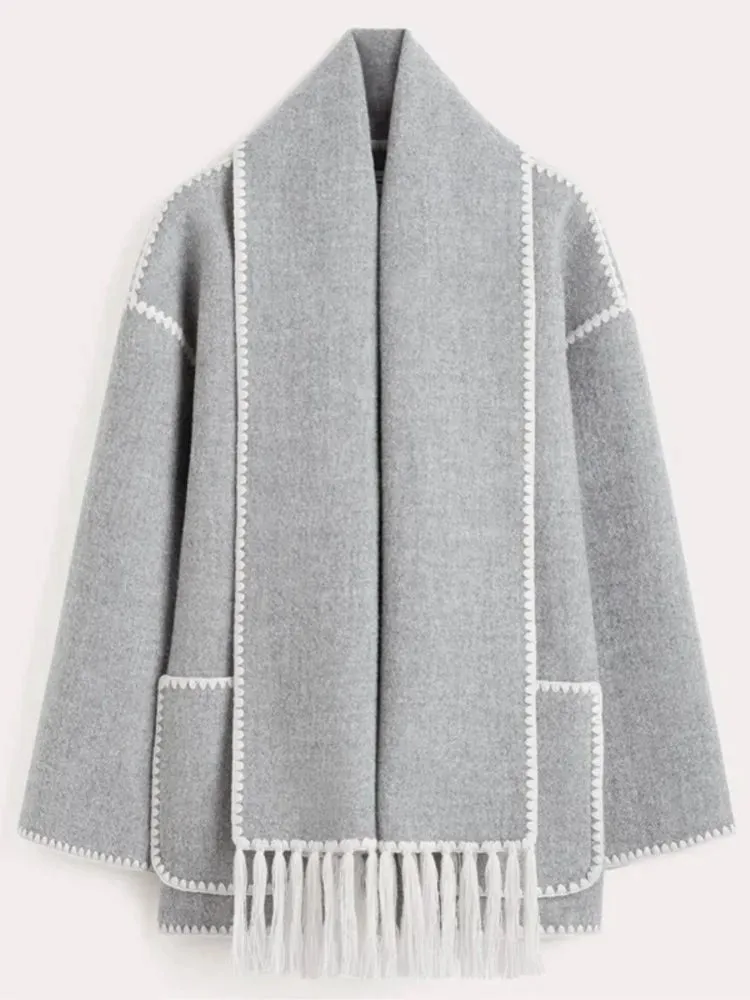 Women Fleece Splice Cotton Coat With Scarf Long Sleeve Solid Plush Quilted Jacket Loose Autumn Blends Balloon Overcoat