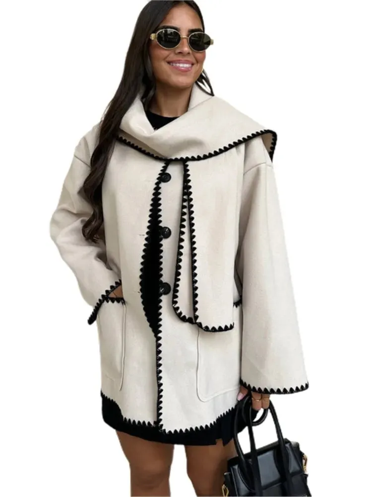 Women Fleece Splice Cotton Coat With Scarf Long Sleeve Solid Plush Quilted Jacket Loose Autumn Blends Balloon Overcoat