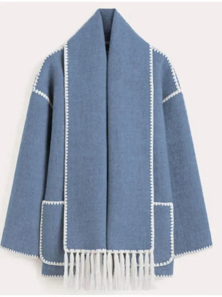 Women Fleece Splice Cotton Coat With Scarf Long Sleeve Solid Plush Quilted Jacket Loose Autumn Blends Balloon Overcoat