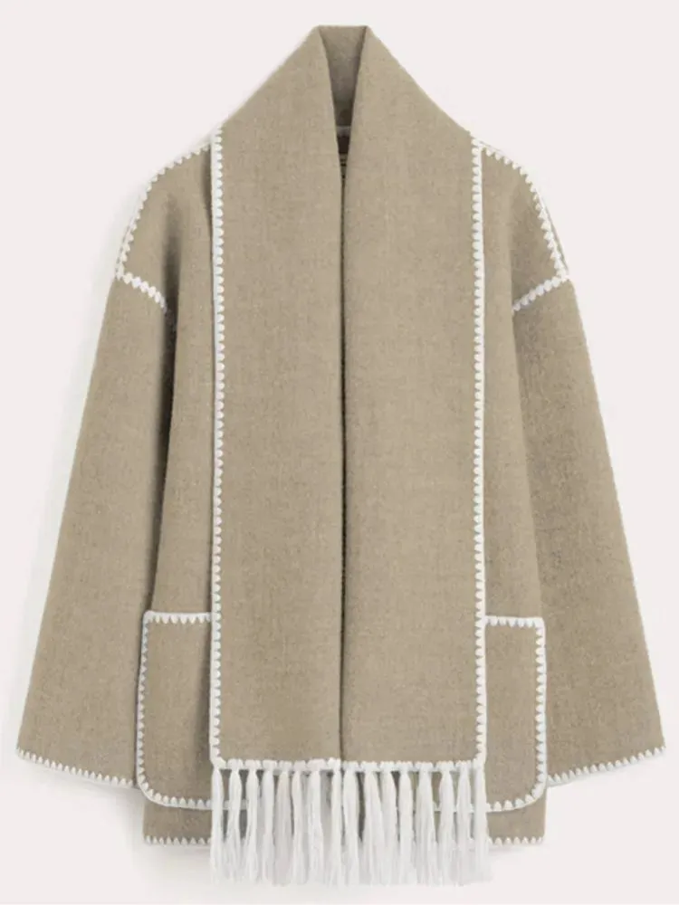Women Fleece Splice Cotton Coat With Scarf Long Sleeve Solid Plush Quilted Jacket Loose Autumn Blends Balloon Overcoat