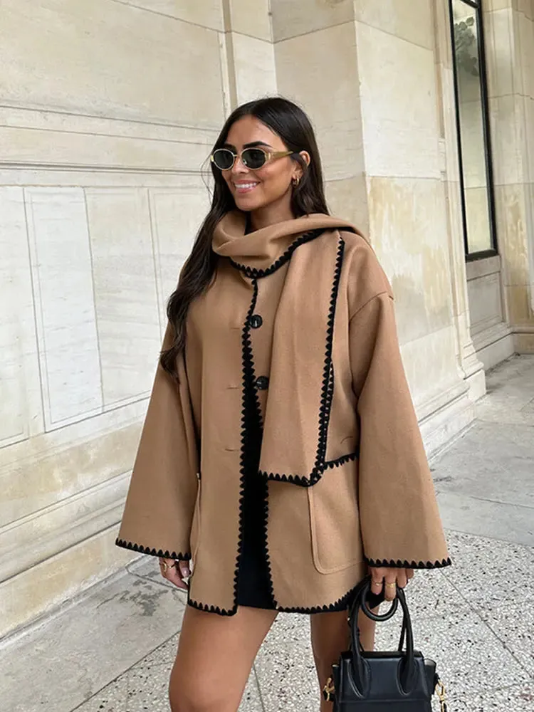 Women Fleece Splice Cotton Coat With Scarf Long Sleeve Solid Plush Quilted Jacket Loose Autumn Blends Balloon Overcoat