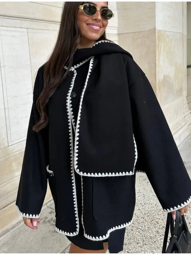 Women Fleece Splice Cotton Coat With Scarf Long Sleeve Solid Plush Quilted Jacket Loose Autumn Blends Balloon Overcoat
