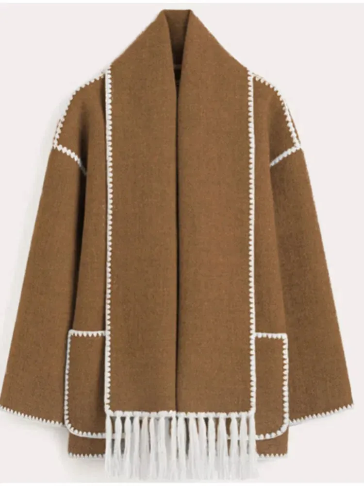 Women Fleece Splice Cotton Coat With Scarf Long Sleeve Solid Plush Quilted Jacket Loose Autumn Blends Balloon Overcoat