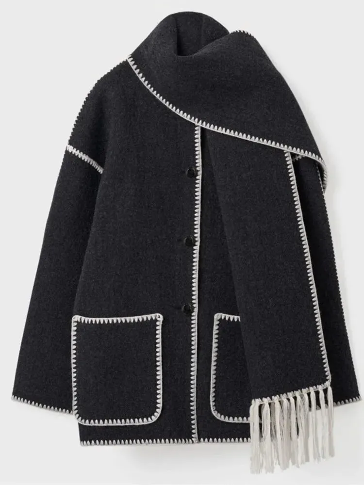 Women Fleece Splice Cotton Coat With Scarf Long Sleeve Solid Plush Quilted Jacket Loose Autumn Blends Balloon Overcoat